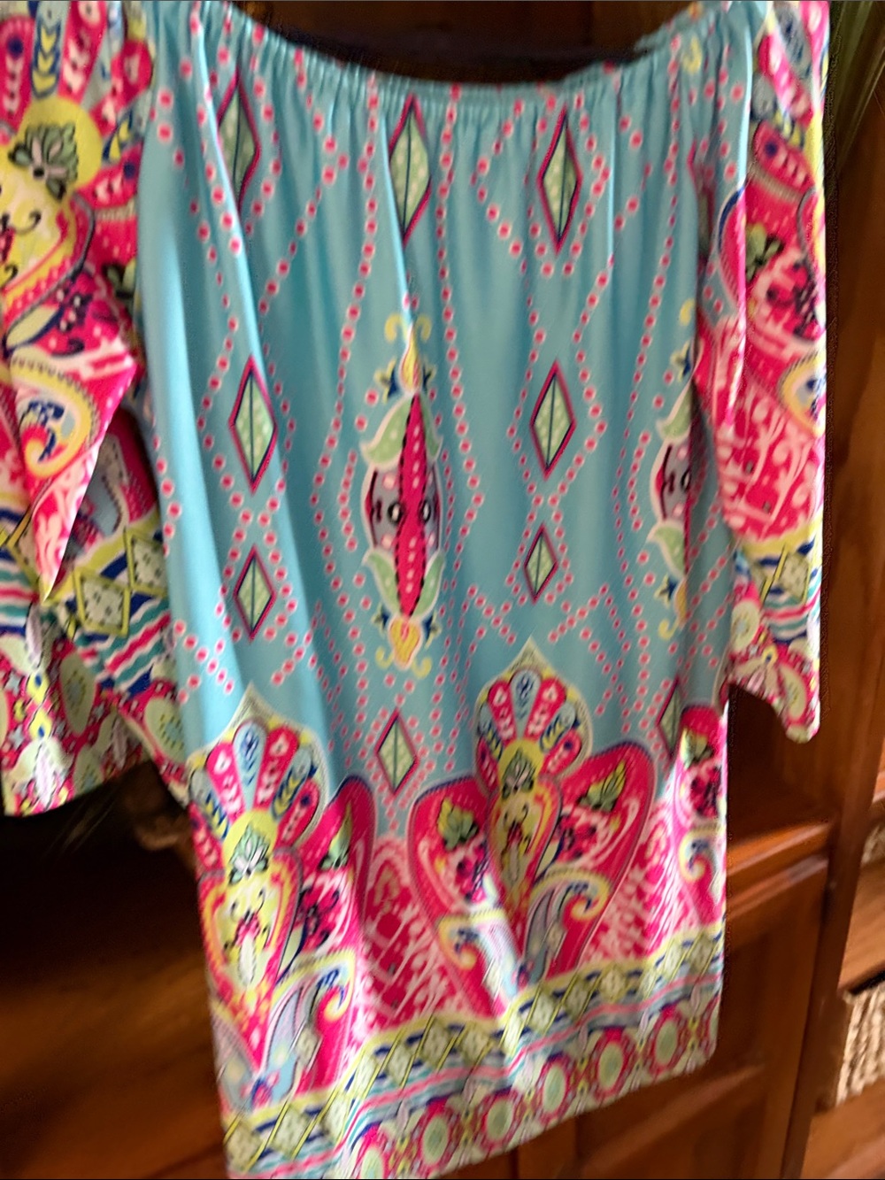 Boutique Turquoise and Pink Paisley Off-Shoulder Tunic Dress 3/4 Length Sleeves